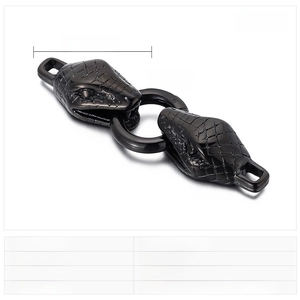 Macro view of double snake head stainless steel clasp with detailed scales and ring dimensions