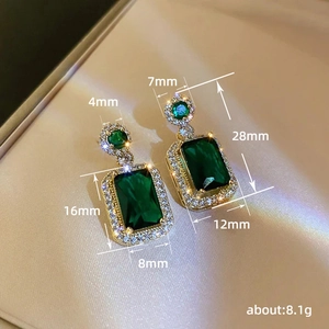 Vintage emerald and gold rectangle drop earrings with micro-inlaid zircon accents