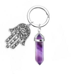 Detail of silver Hamsa hand charm and purple crystal hexagonal pillar keychain