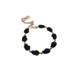 New Chinese style lotus leaf bracelet with blue enamel and red dots on silver chain