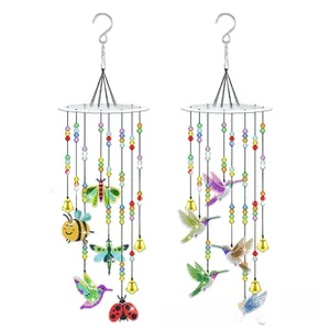 DIY diamond painting wind chime kit featuring colorful birds, beads and metal bells detail