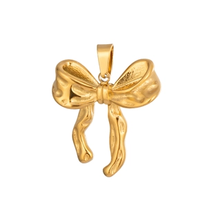 Detailed view of a gold-plated 18K stainless steel bow pendant with fine metallic texture