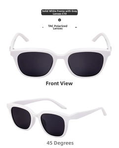 Front and 45-degree angle view of white cat-eye sunglasses with TAC polarized gray lenses