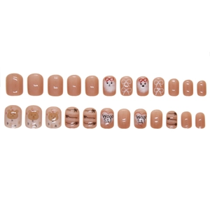 24pcs short square press-on nails with cute cartoon bears and pink bow designs