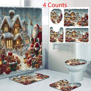 Macro detail of 4-piece Christmas bathroom set including shower curtain and mats