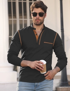 Detail of long-sleeve polo shirt with contrast stitching and pocket in urban casual style