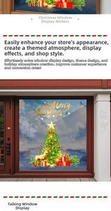 Detail of Christmas tree window sticker with golden reindeer and Merry Christmas text