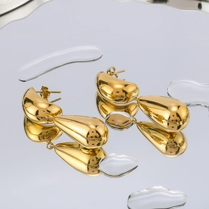 Double-layered 18K gold plated stainless steel hollow teardrop earrings for women