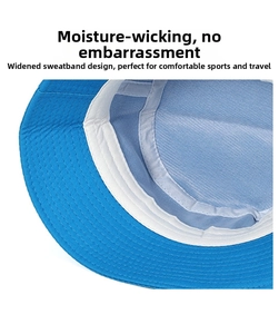 Detail of blue cotton sun hat featuring a wide moisture-wicking sweatband and fabric texture