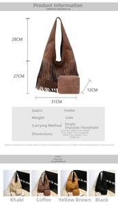 Detailed size chart and multi-color display of suede tassel tote bag with inner pouch