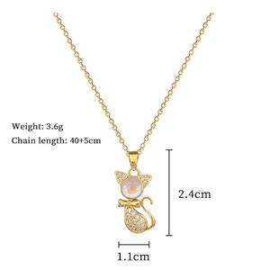 Detailed view of cat pendant with iridescent stone and zircon, 2.4cm height, gold chain