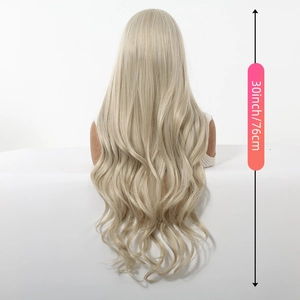 Detail showing 30-inch long wavy platinum blonde synthetic wig hair texture and length