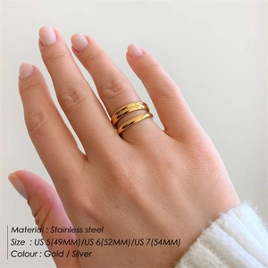 Minimalist double layer gold plated stainless steel ring shown on female model hand