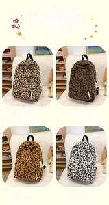 Detailed grid view of leopard print corduroy backpacks in khaki, coffee, brown, and white