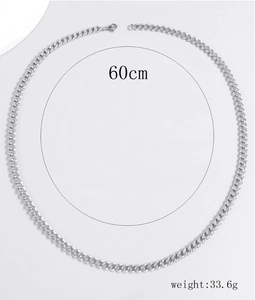 Silver cuban chain necklace detail showing 60cm length and 33.6g weight parameters