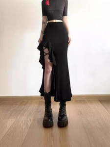 Gonna midi nera sexy con spacco laterale e bordi a volant in stile gotico