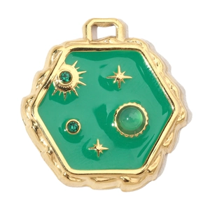 Detailed view of vintage hexagonal gold pendant with green enamel and emerald gemstones