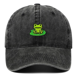Vintage washed black denim baseball cap featuring green frog embroidery on lotus leaf