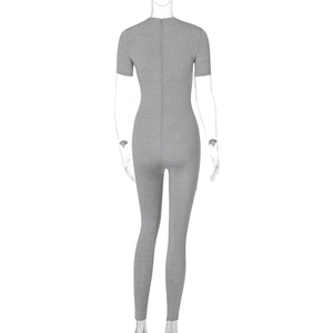 Rear view of grey short sleeve sports jumpsuit with back invisible zipper detail