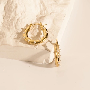 Elegant 18K gold plated stainless steel hoop earrings with delicate pearl inlay on stone