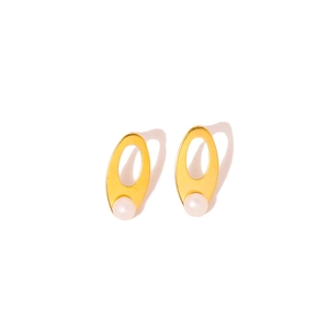 Elegant gold oval hollow stainless steel stud earrings with white pearls on white background