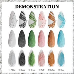 Plaster nail gel kit in 6 colors showing 3D embossed textures and matte sand finishes