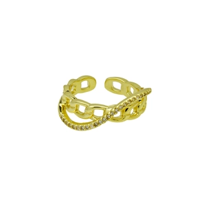 Close-up of gold-plated open ring featuring double layer chain with sparkling crystals