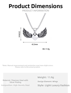 Gothic winged heart pendant detail showing 42.3mm x 23.0mm size and 11.9g weight
