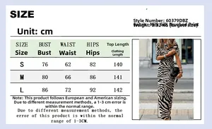 Size guide for zebra print maxi dress showing measurements for S, M, and L sizes