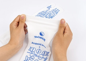 Macro detail of elastic acupoint socks showing blue pressure point maps and reflexology zones