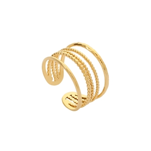 Détail d'une bague dorée en acier inoxydable à cinq couches avec texture perlée et polie