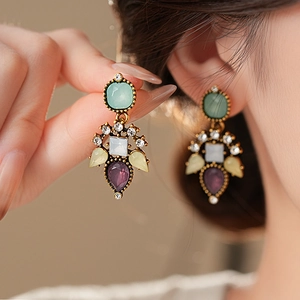 Vintage Colorful Resin Flower Drop Earrings Rhinestone Geometric Alloy With 925 Sterling Silver Earring Post For Women