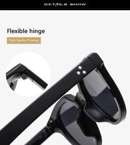 Detail show of flexible hinges and star rivets on high-quality black sunglasses frames