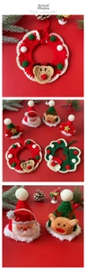 Detail showing handmade crochet pet Christmas collar and festive reindeer hat accessories