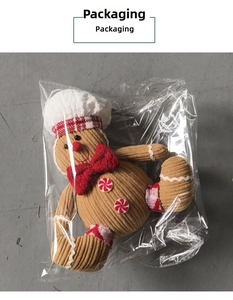 Close-up of plush gingerbread man in individual self-sealing transparent packaging