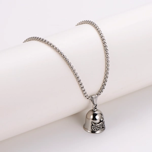 Vintage stainless steel motorcycle bell pendant on a snake chain, silver biker jewelry