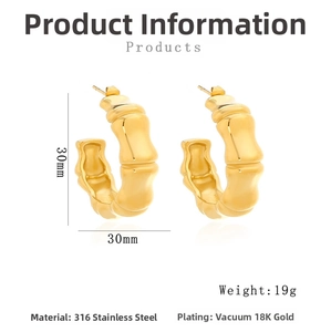 Detailed size chart for 30mm gold bamboo hoop earrings in 316L stainless steel