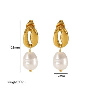 Boucles d'oreilles coquillage dorées et perles, parure de bijoux tendance 23mm x 7mm