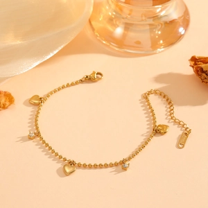 Bracelet cœur en acier inoxydable doré 18 carats avec perles et pierres en zircon