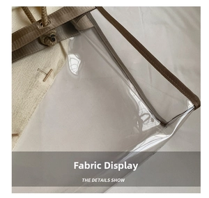 Detail of transparent PVC tote bag with brown woven trim and reinforced rivets