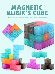 Detail of translucent colorful magnetic cubes assembly in various geometric shapes