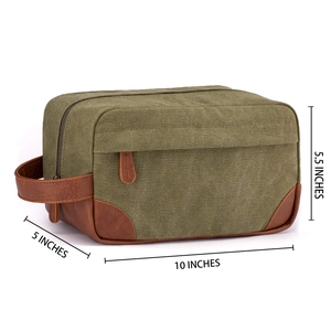 Large retro canvas and PU leather men's toiletry bag with 10x5x5.5 inches dimensions.