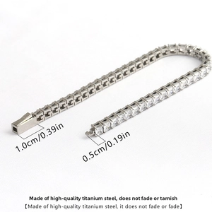 Detail view of silver tennis bracelet with square zircons and metal clasp dimensions