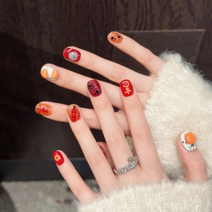 Faux ongles 3D rouges et oranges faits main avec motifs de fruits mignons et paillettes