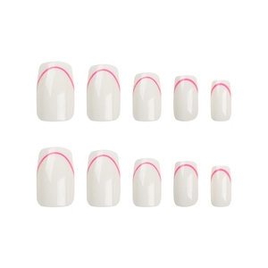 Minimalist creamy white press-on nails with thin pink lines in short square-oval shape