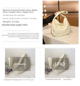 Quilted white tote bag showing size comparison with A4 magazine and iPad device