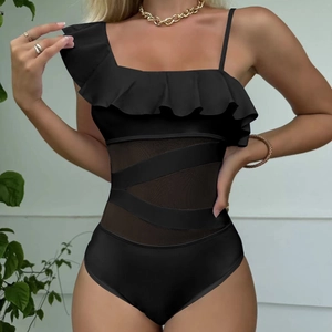 Sexy Einteiler Badeanzug mit Volantschulter, Netz-Einsätzen und Schnürung an der Taille