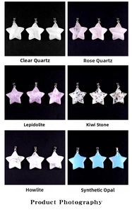Detail showcasing variety of star-shaped crystal pendants including amethyst and quartz