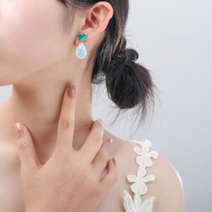 S925 silver earrings with green square gemstone and light blue teardrop crystal