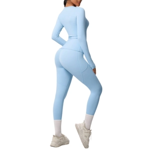 Solid color brushed yoga set with long sleeve crop top and high waisted leggings
